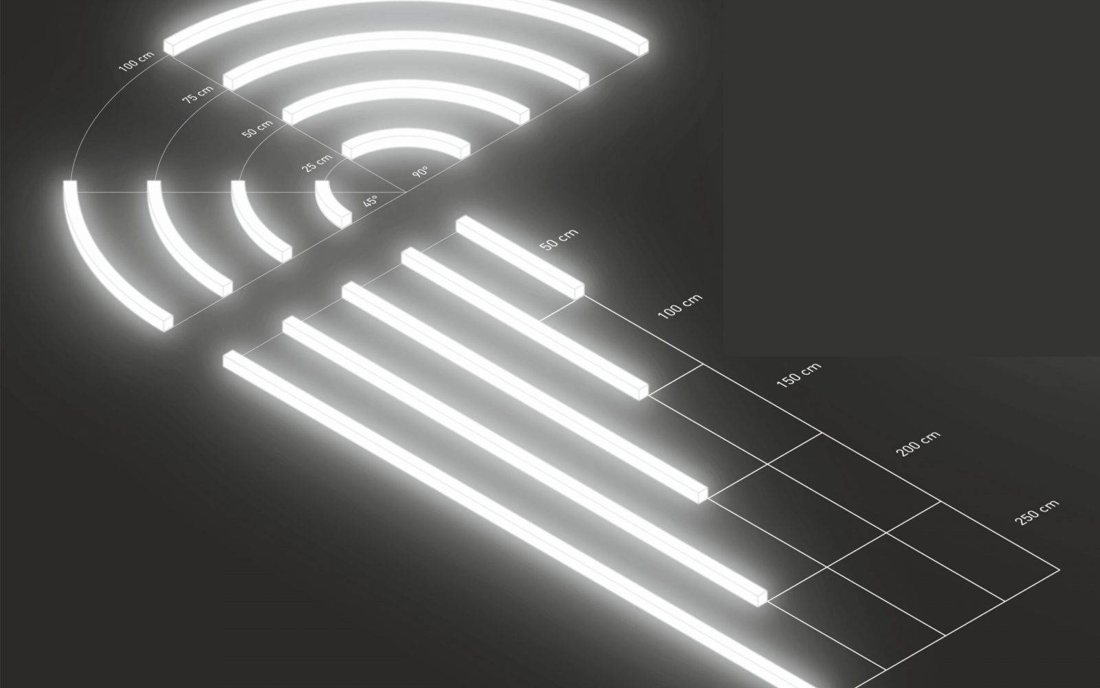Modulares LED-Liniensystem The Line mit geraden und gebogenen Leuchtelementen