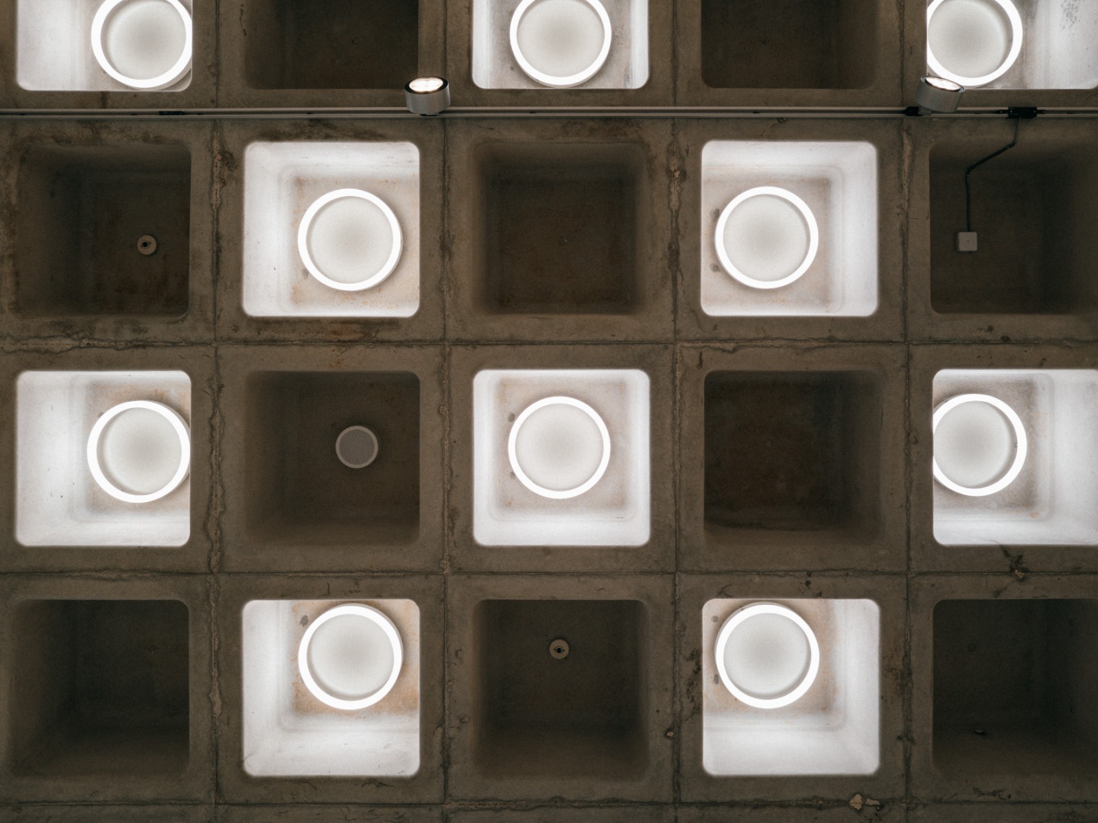 Detailansicht der TheO Ringleuchte im quadratischen Museumsraster im DKW Cottbus